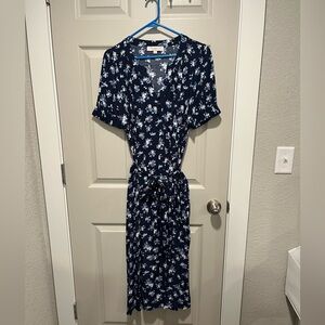 LOFT Navy Floral Dress with waist tie